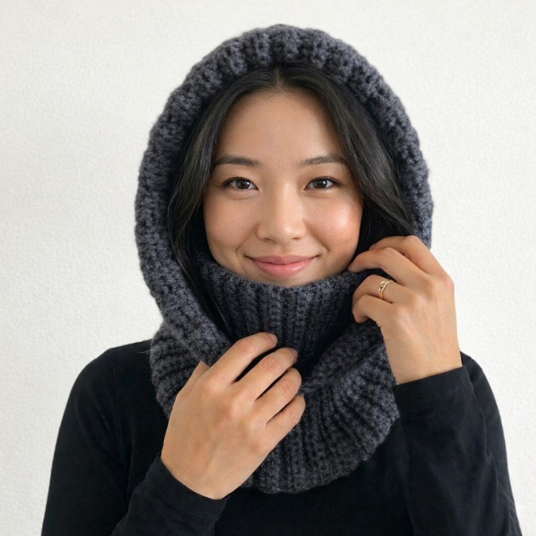 Woman wearing a dark grey ribbed crochet balaclava hooded cowl, beginner PDF crochet pattern